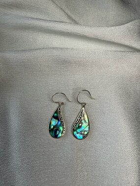 Abalone Teardrop Sterling Silver 925 Dangle Earrings - Iridescent Green-Blue.